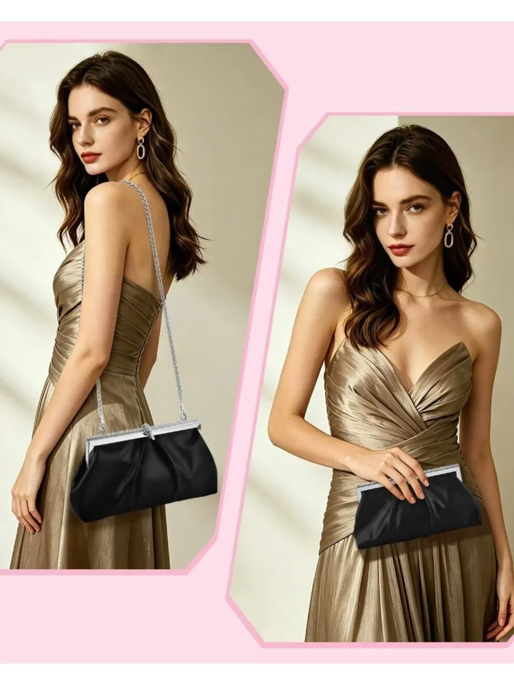 Women's Black Pu Leather Clutch Purse For Formal Evening Shoulder Party Bag